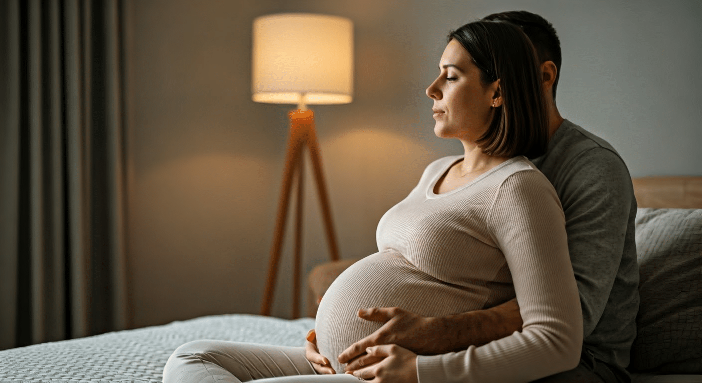 Pregnant woman practicing Lamaze breathing techniques with partner's guidance