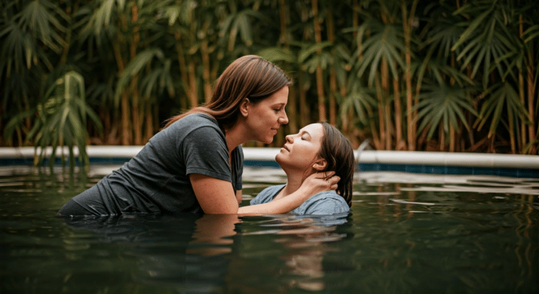 Natural Childbirth - Midwife assisting a woman during a water birth in a calm and serene environment.