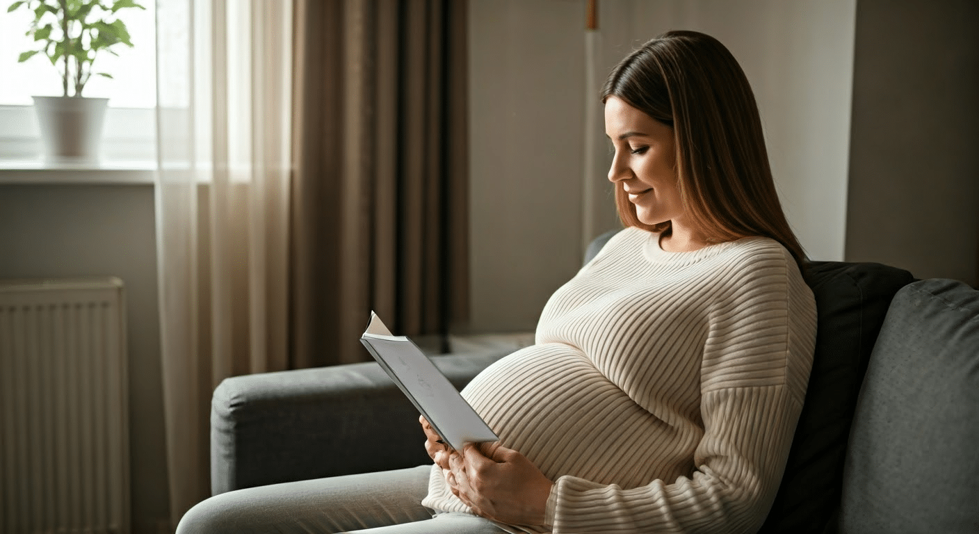 Pregnant woman reading positive birth affirmations in a serene home setting