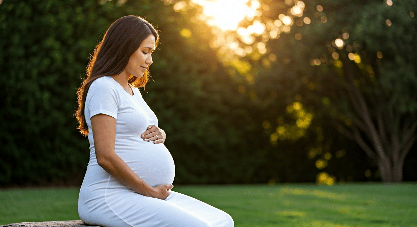 Pregnancy Affirmations - Pregnant woman reciting affirmations in a serene garden during golden hour