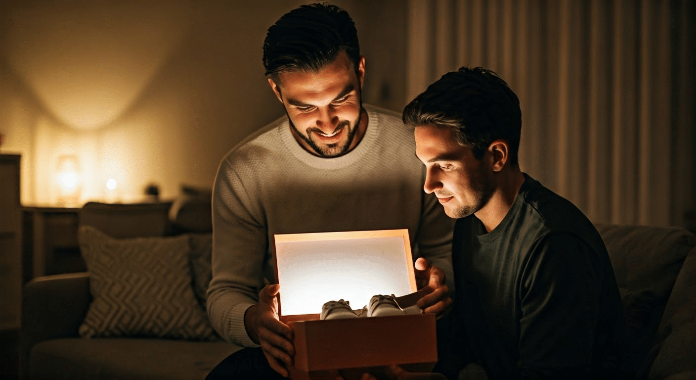 Pregnancy Announcement To Husband - Husband opening gift box with baby shoes, showing surprise and joy