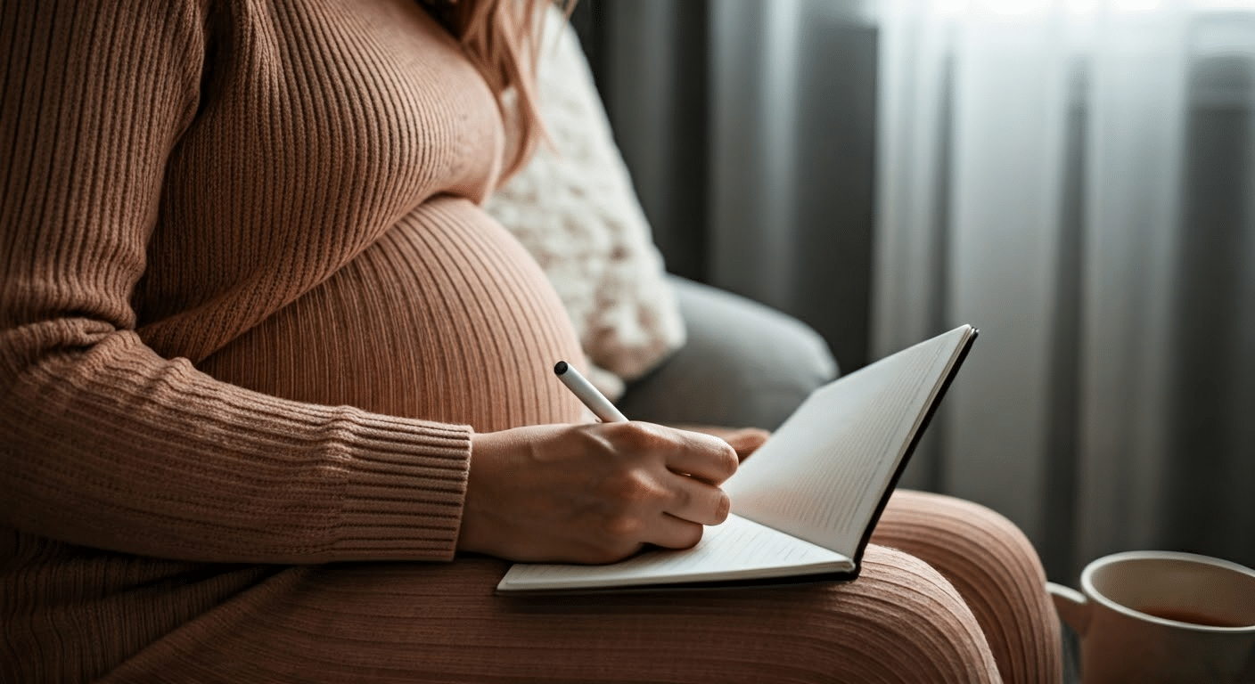 Pregnant woman documenting her journey in a pregnancy journal at home