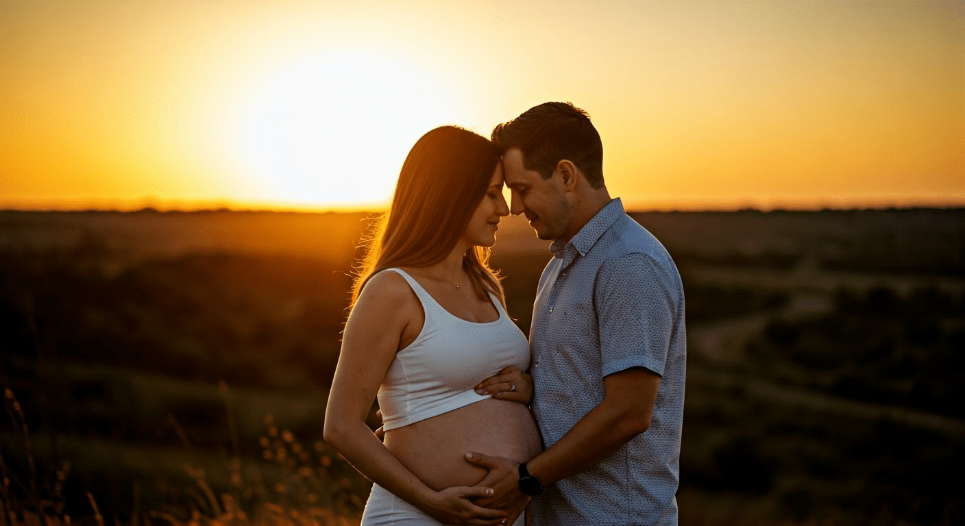 Pregnancy Photos - Pregnant couple embracing at sunset, woman cradling belly, warm lighting