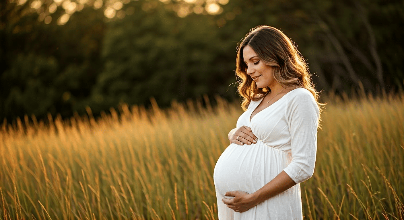 Pregnancy Photoshoot - Pregnant woman in a field at sunset, softly lit, highlighting her belly