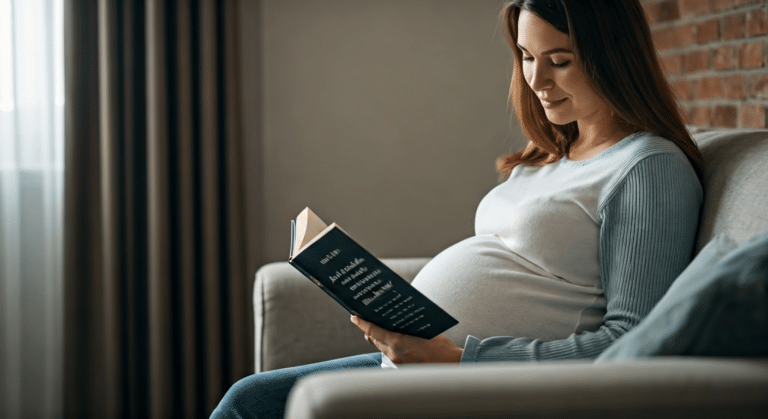 Pregnant woman enjoying a book of pregnancy quotes in a serene living room