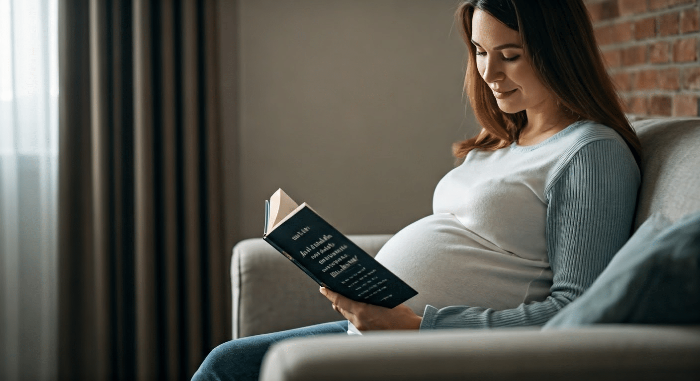 Pregnant woman enjoying a book of pregnancy quotes in a serene living room