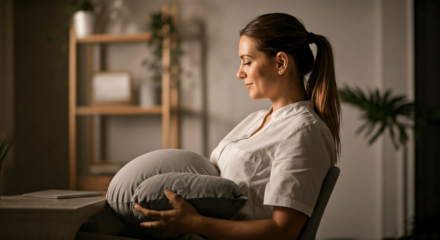 Pregnant woman comfortably adjusting a C-shaped pillow while watching TV