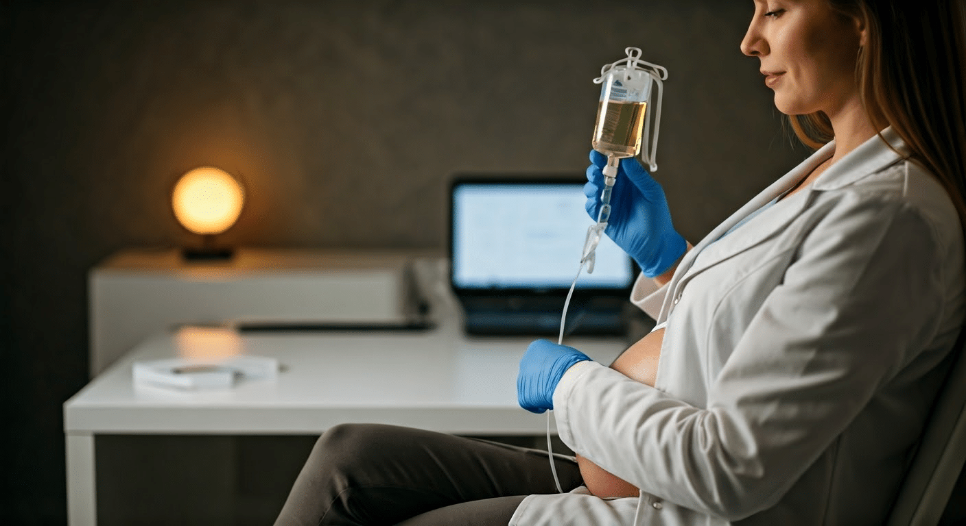 Pregnant woman making Liquid IV drink on kitchen counter