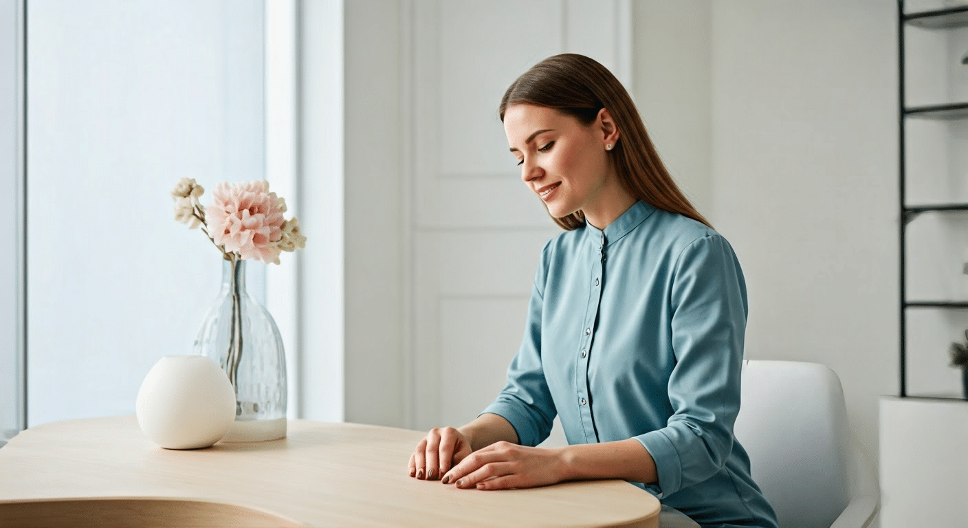 Pregnant woman practicing breathing exercises in a peaceful home setting.