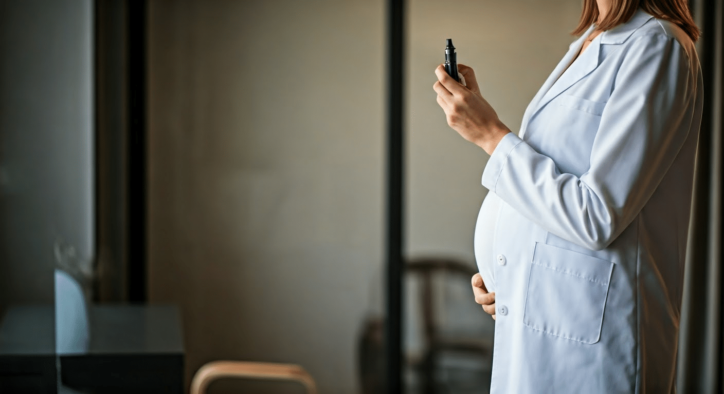 Pregnant woman researching vaping risks on a tablet