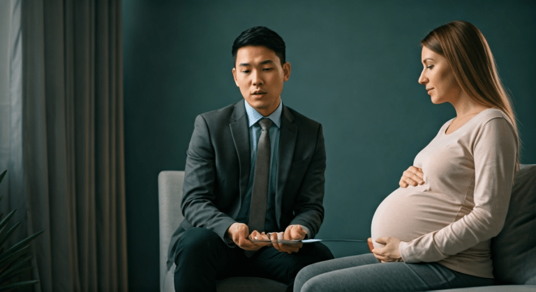 Stress And Pregnancy - Pregnant woman in discussion with stress management expert