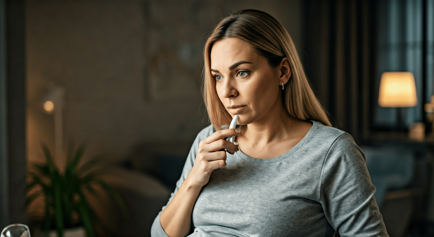 Vaping While Pregnant - Pregnant woman vaping at home, looking concerned