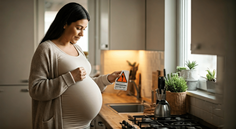 What Not To Eat When Pregnant - Pregnant woman examining a warning label on seafood packaging in a kitchen