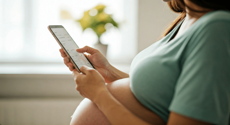 Best Pregnancy Apps - Pregnant woman actively using pregnancy app to track baby's growth in a bright home