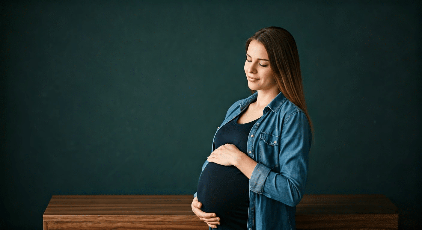 Close-up of handwritten pregnancy announcement captions on a notepad with natural lighting