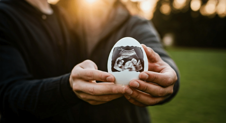 Easter Pregnancy Announcement - Couple announcing pregnancy with ultrasound inside Easter egg during golden hour