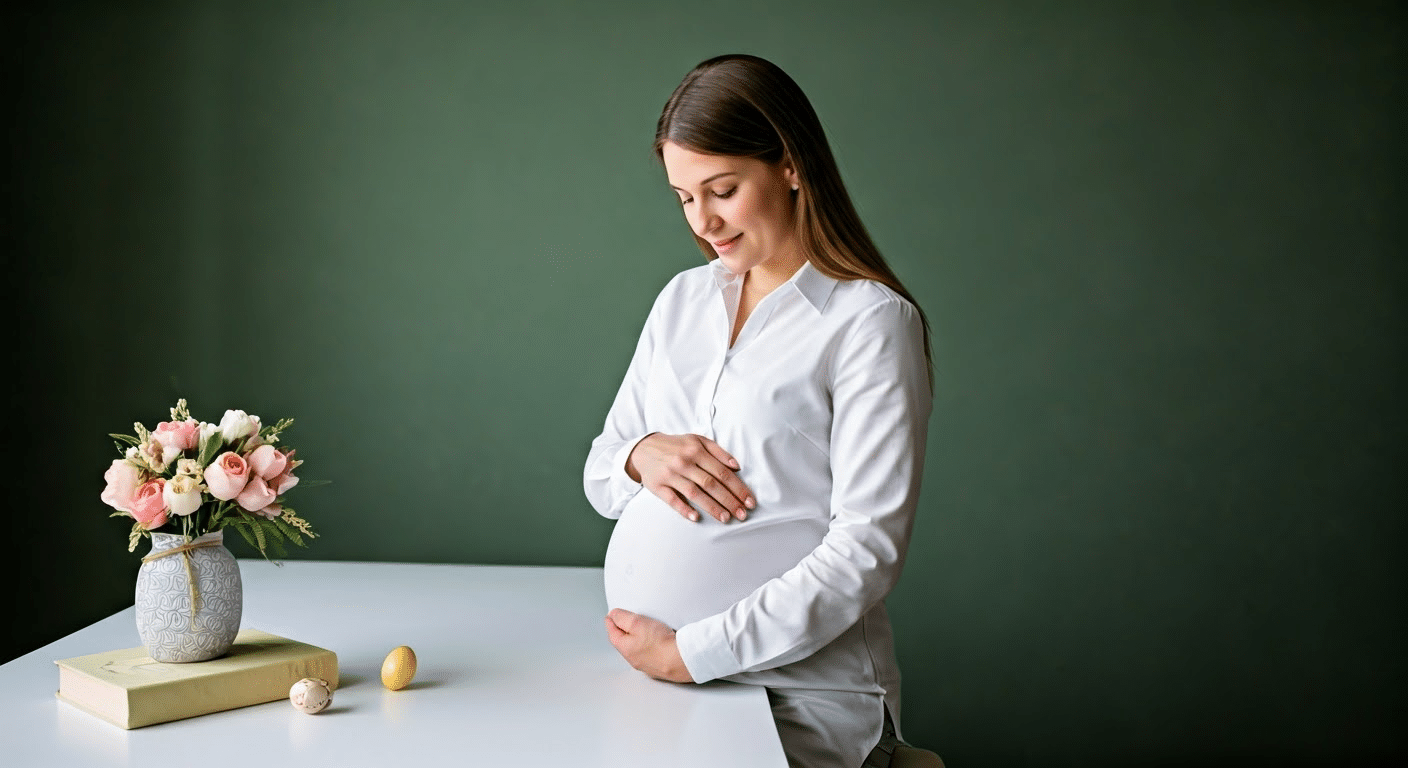 Family decorating Easter eggs with baby shoes for pregnancy reveal in cozy kitchen