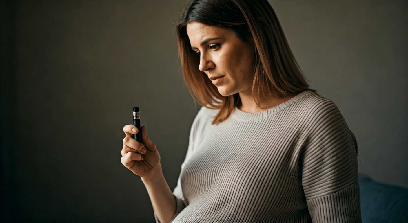 Is Vaping Bad For Pregnancy - A pregnant woman holding a vape pen with a concerned look, highlighting vaping risks during pregnancy