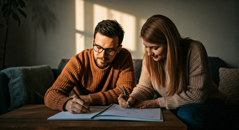 Expectant couple writing creative pregnancy announcement captions in a cozy living room setting