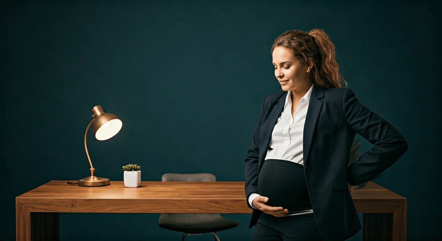 Woman typing creative pregnancy announcement captions on a laptop in a sunlit kitchen